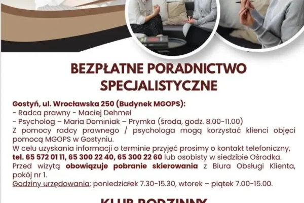 Bezpłatne poradnictwo specjalistyczne w Gostyniu – skorzystaj z pomocy radcy prawnego i psychologa