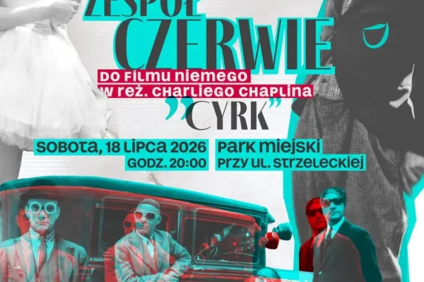Koncert zespołu Czerwie z muzyką na żywo do filmu „Cyrk” Chaplina w parku miejskim