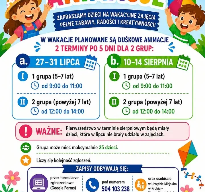 Wakacyjne animacje dla dzieci w Krobi – zapisy ruszają!