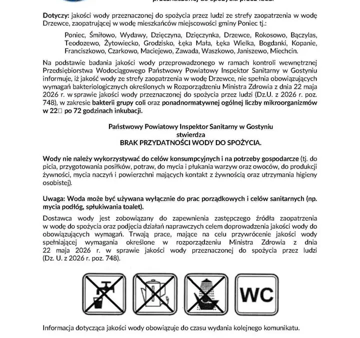 Woda w gminie Poniec niezdatna do picia – ważny komunikat sanepidu