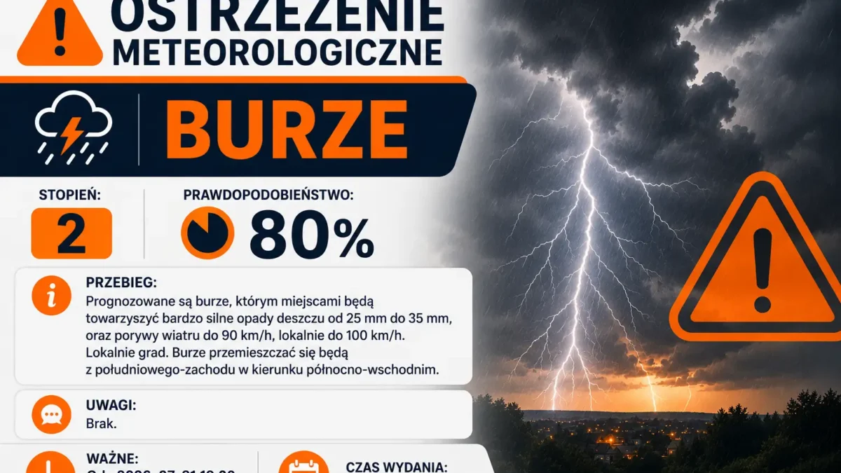 Ostrzeżenie przed burzami z gradem i silnym wiatrem