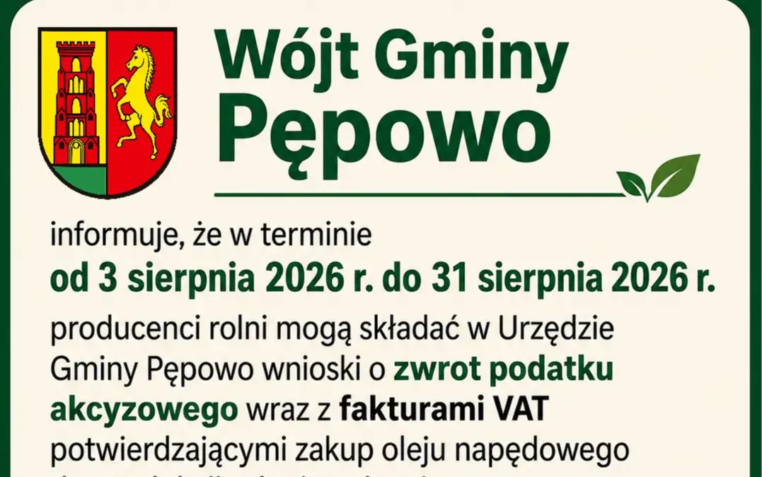 Rolnicy z gminy Pępowo mogą składać wnioski o zwrot akcyzy za olej napędowy
