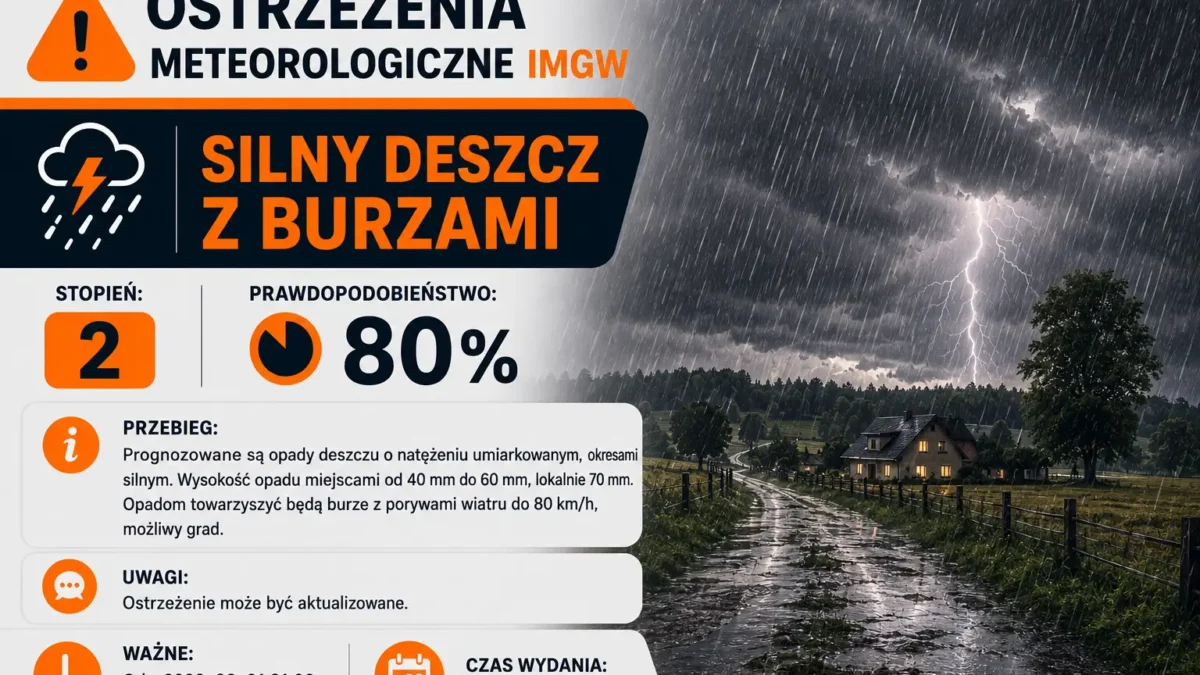 Ostrzeżenie IMGW: silny deszcz i burze w nocy – możliwe podtopienia