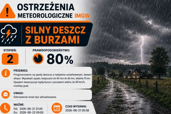 Ostrzeżenie IMGW: silny deszcz i burze w nocy – możliwe podtopienia