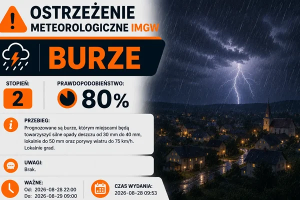 Ostrzeżenie IMGW: Burze z gradem i silnym wiatrem w nocy