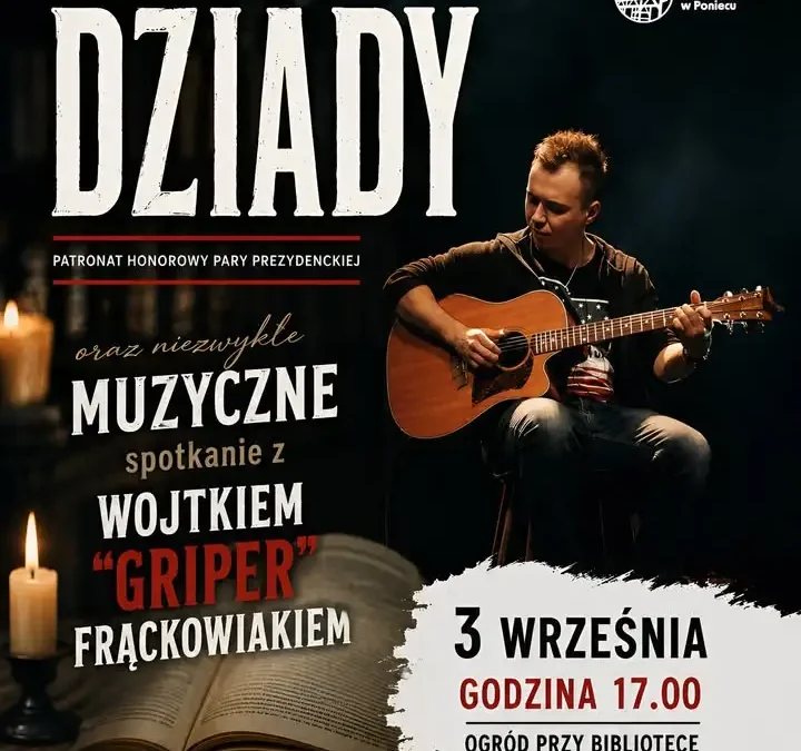 Narodowe Czytanie i koncert Wojtka Frąckowiaka w ogrodzie biblioteki w Poniecu